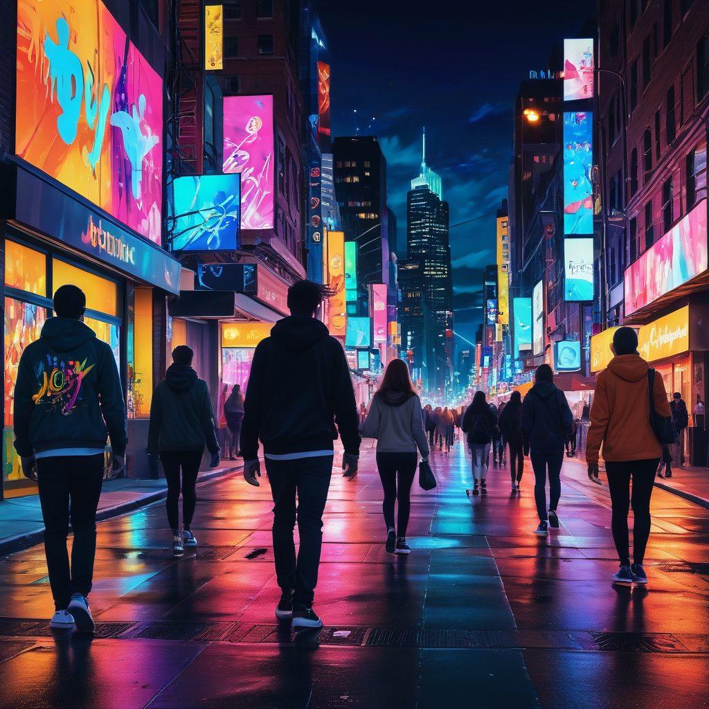 A bustling city street filled with vibrant digital graffiti art illustrating various emotions like joy, sadness, and contemplation; diverse people interacting with the art on their devices, blending technology with everyday life; colorful lights and abstract shapes in the background enhancing the urban atmosphere. digital art. vibrant colors. super-realistic.