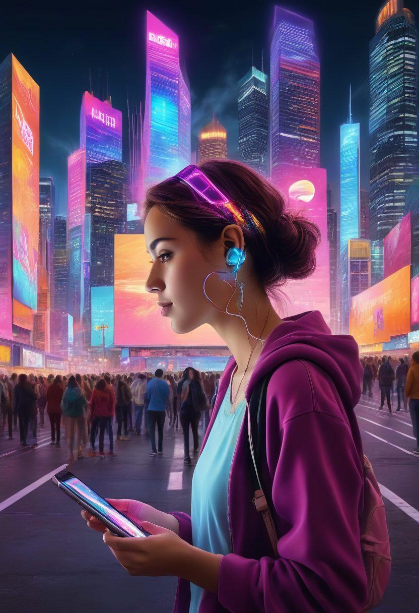 A bustling urban landscape depicting diverse individuals using digital devices to express their emotions, with colorful digital art overlays representing their feelings. The city skyline is illuminated with vibrant lights and screens displaying various forms of digital storytelling, like social media feeds and augmented reality. Include elements like graffiti and murals that reflect emotional narratives. The scene should evoke a sense of connectivity between technology and human expressions. super-realistic. vibrant colors. 3D.